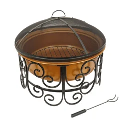 30in. Copper Finish Steel Outdoor Fire Pit with Ornate Black Stand, Screen Cover, Fire Poker