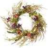 20in. Spring Wreath with Blue, Red and Pink Mixed Flower Blooms, Flowing Green Stems, Seed Pods