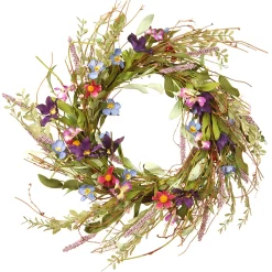 20in. Spring Wreath with Blue, Red and Pink Mixed Flower Blooms, Flowing Green Stems, Seed Pods