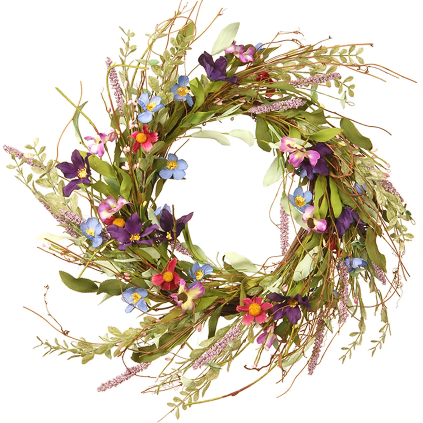 20in. Spring Wreath with Blue, Red and Pink Mixed Flower Blooms, Flowing Green Stems, Seed Pods