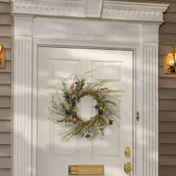 20in. Spring Wreath with Blue, Red and Pink Mixed Flower Blooms, Flowing Green Stems, Seed Pods