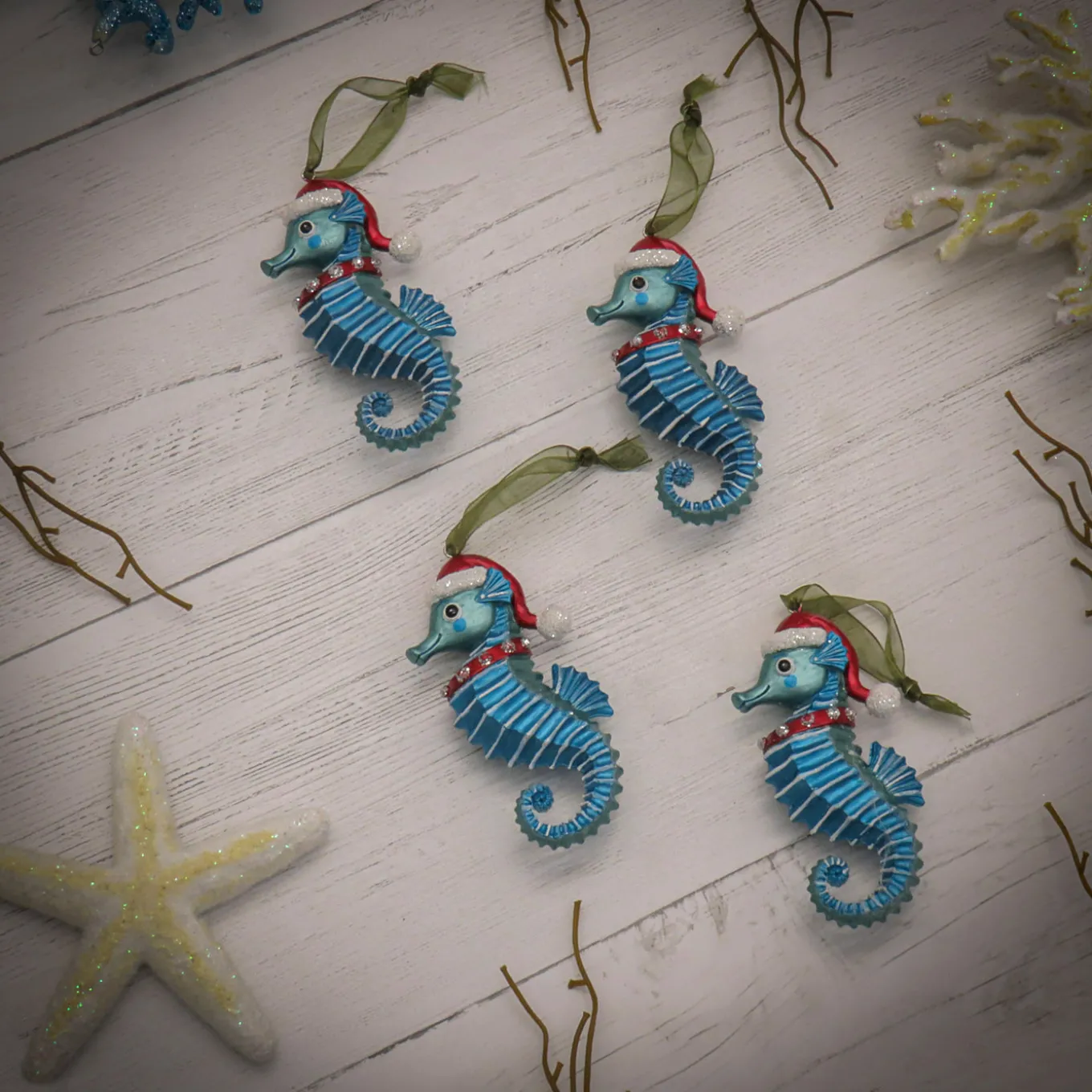 4-Piece HGTV Home Collection Teal Seahorse Ornaments