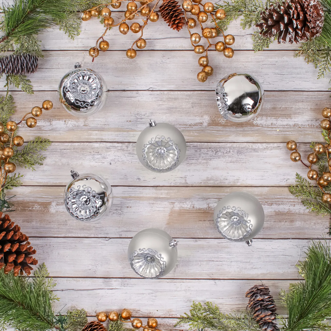 6-Piece Shatterproof Glittering Silver Ornaments