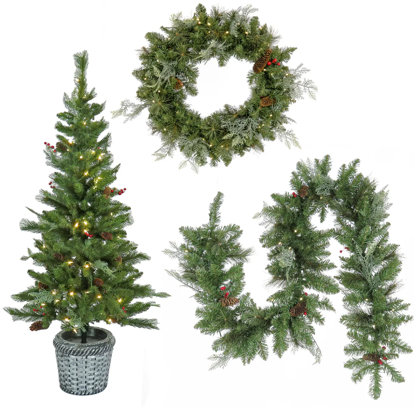 Pre-Lit Buzzard Pine Assortment Set of 1 Entrance Tree, 1 Wreath, 1 Garland