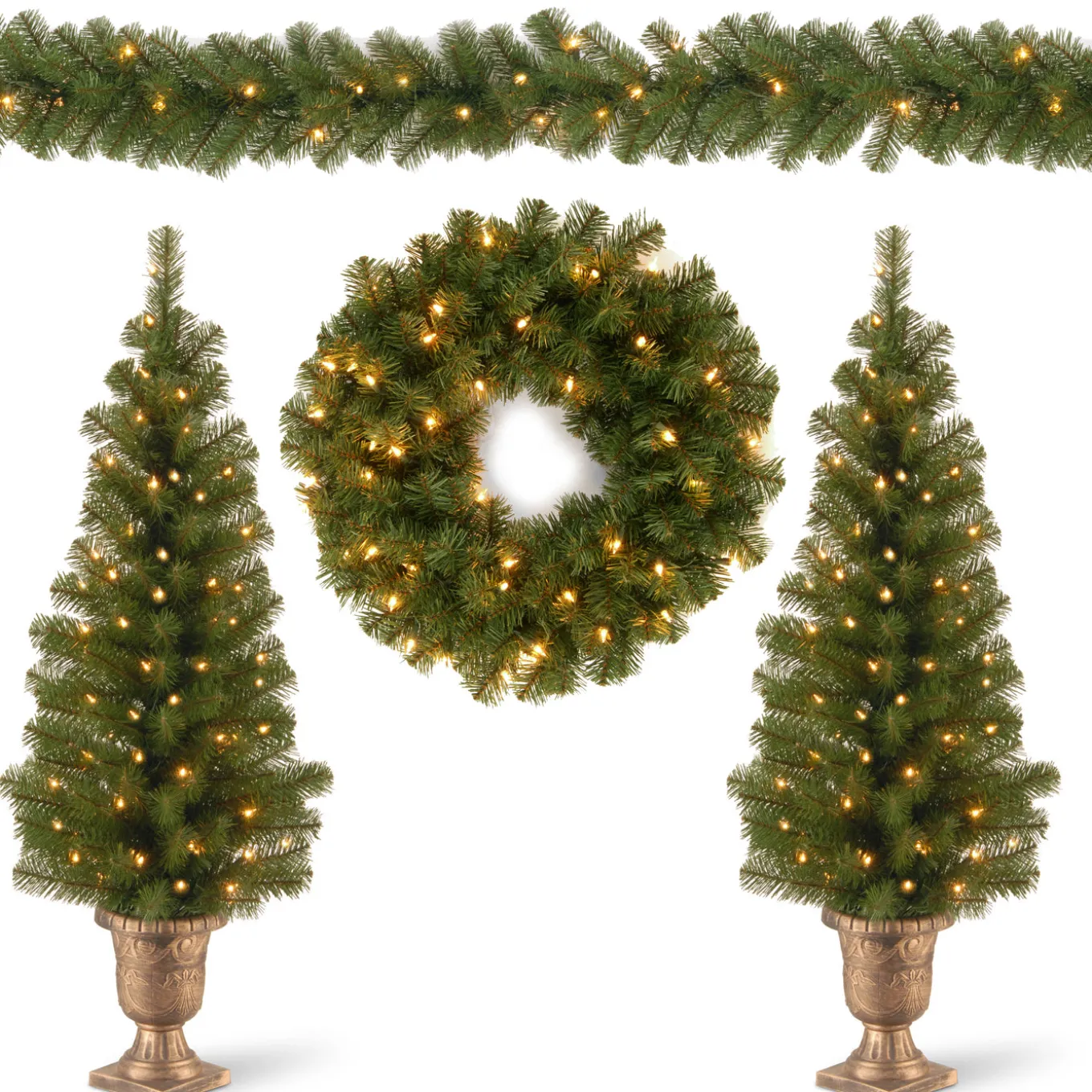 Pre-Lit Evergreen Assortment Set of 2 Entrance Trees, 1 Wreath, 1 Garland