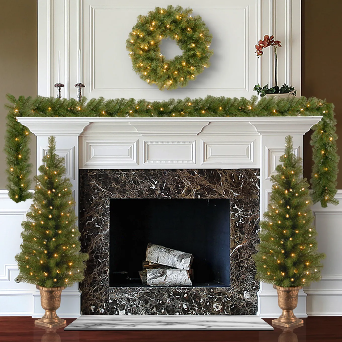 Pre-Lit Evergreen Assortment Set of 2 Entrance Trees, 1 Wreath, 1 Garland