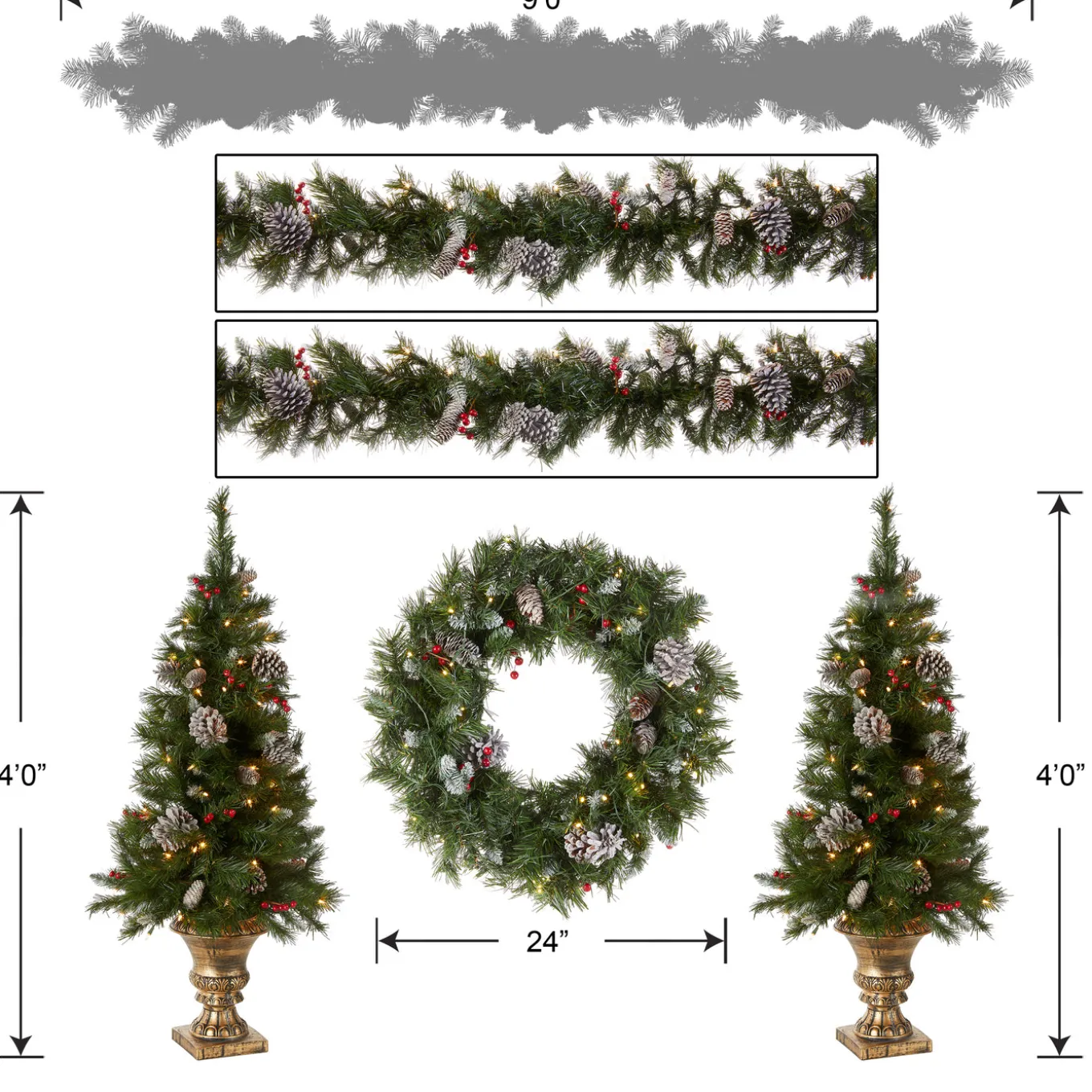 Pre-Lit Frosted Berry Assortment with 2 Entrance Trees, 1 Wreath, 2 Garland