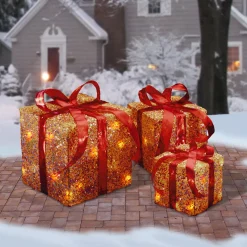 Pre-Lit Gold Gift Box with Red Bow, Set of Three, White Lights