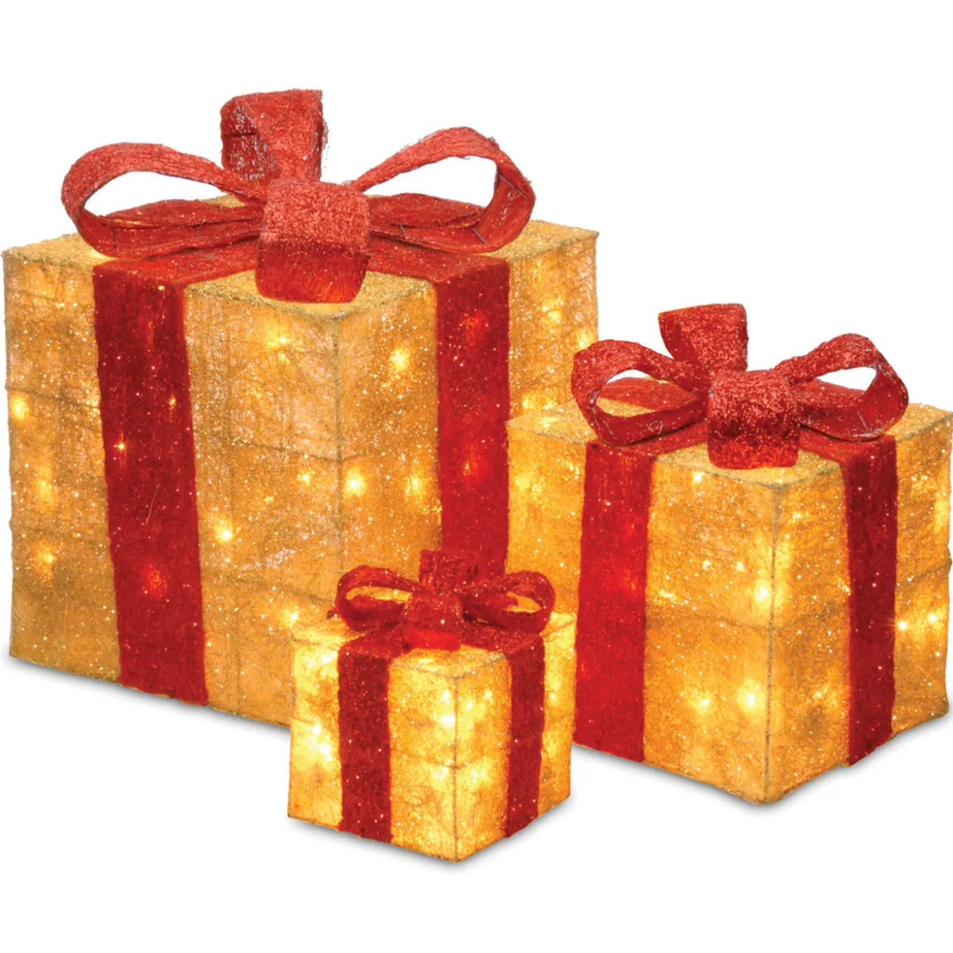 Pre-Lit Gold Gift Boxes, Set of Three, 105 White Lights