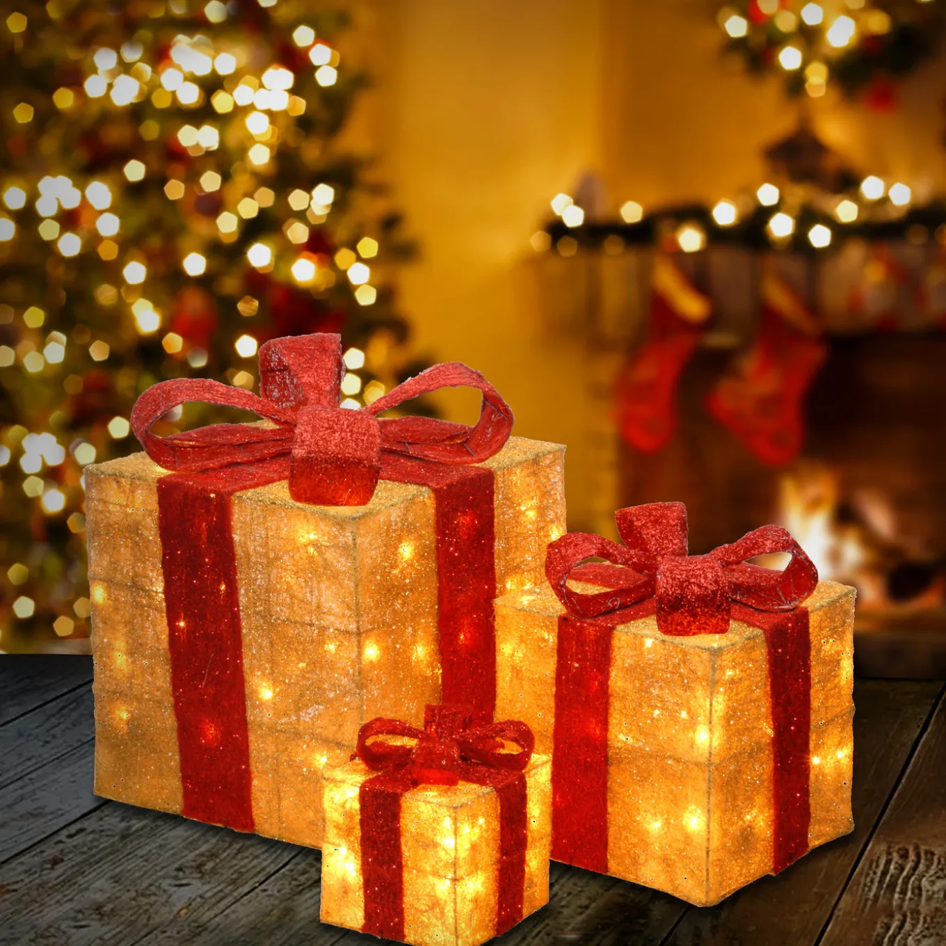Pre-Lit Gold Gift Boxes, Set of Three, 105 White Lights