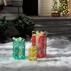 Pre-Lit Multicolor Gift Boxes, Set of Three, White Lights