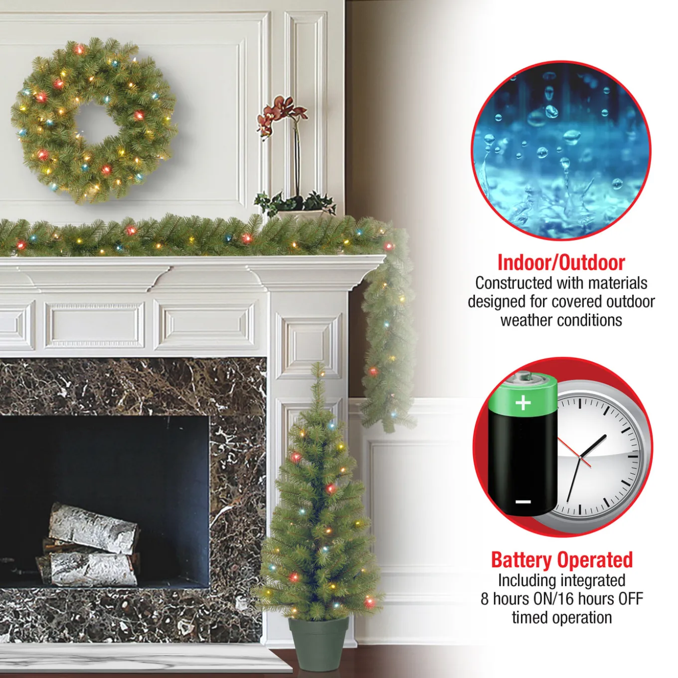 Pre-Lit Promotional Green Assortment Set of 2 Entrance Trees, 1 Wreath, 1 Garland