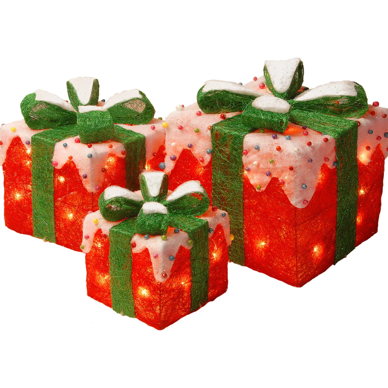 Pre-Lit Red and White Gift Boxes, Set of Three, White Lights