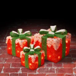 Pre-Lit Red and White Gift Boxes, Set of Three, White Lights