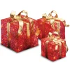 Pre-Lit Red Gift Box with Gold Bow, Set of Three, White Lights
