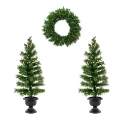 Pre-Lit Warm Welcome Assortment Set of 2 Entrance Trees, 1 Wreath