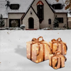 Pre-Lit White and Gold Gift Boxes, Set of Three, White Lights